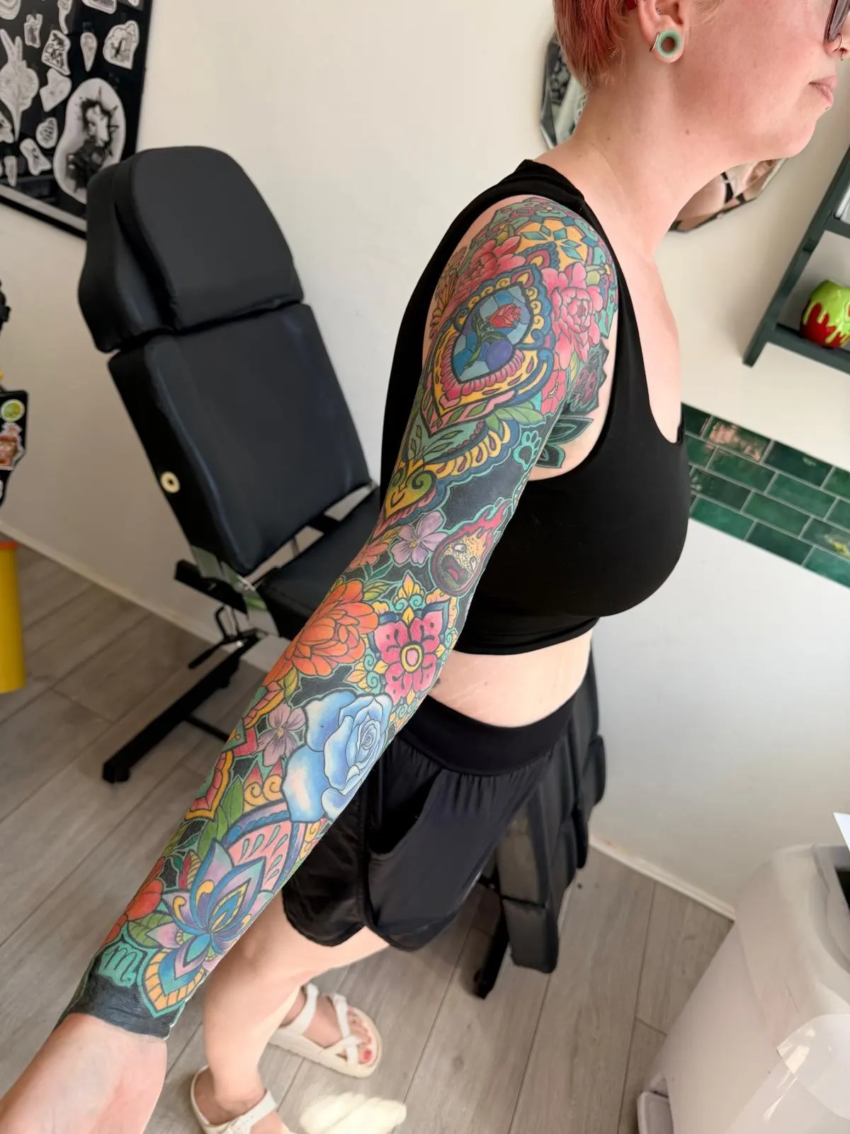 Full colour sleeve with mandalas, flowers and a stained glass rose